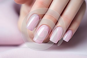 Glamour woman hand with light pink nail polish on her fingernails. Pink nail manicure with gel polish at luxury beauty salon. Nail
