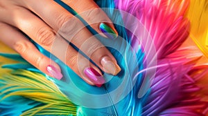 Glamour woman hand with luxury rainbow color nail polish manicure on fingers