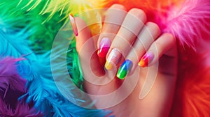 Glamour woman hand with luxury rainbow color nail polish manicure on fingers