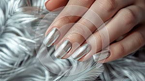 Glamour woman hand with luxury silver color nail polish manicure on fingers, touching silver feathers