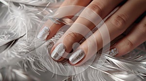 Glamour woman hand with luxury silver color nail polish manicure on fingers, touching silver feathers