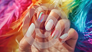 Glamour woman hand with luxury white color nail polish manicure on fingers, touching rainbow feathers