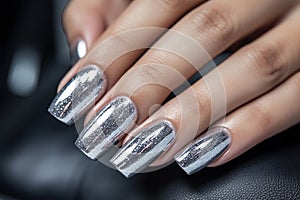 Glamour woman hand with silver nail polish on her fingernails. metallic nail manicure with gel polish at luxury beauty salon. Nail