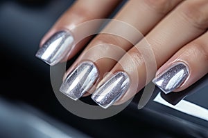 Glamour woman hand with silver nail polish on her fingernails. metallic nail manicure with gel polish at luxury beauty salon. Nail