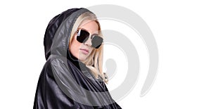 Glamour young lady close up portrait with sun glasses isolated on white background