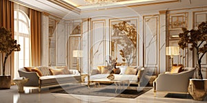 Glamourous room with wall and ceiling finished with gold. Interior design of Hollywood regency style living room