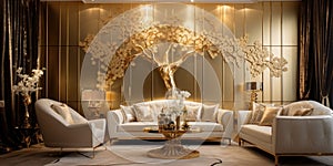 Glamourous room with wall and ceiling finished with gold. Interior design of Hollywood regency style living room