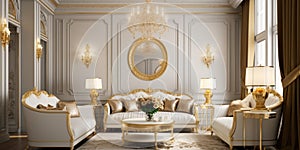 Glamourous room with wall and ceiling finished with gold. Interior design of Hollywood regency style living room