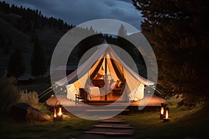 Glamping, back to nature. Glamping the new luxury travel trend. Quiet and peaceful glamping camps in forest. AI generative