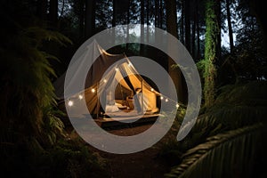 Glamping, back to nature. Glamping the new luxury travel trend. Quiet and peaceful glamping camps in forest. AI generative