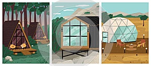 Glamping and camping in nature, vector posters set. Luxury a-frame house, glass and bubble houses for recreation