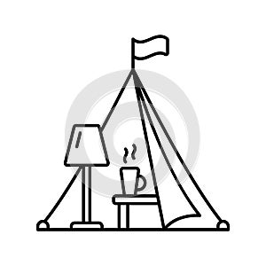 Glamping icon. Linear logo of camping with urban comfort. Black simple illustration of tent with lamp, table, mug. Contour photo