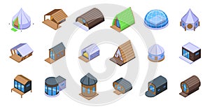 Glamping icons set isometric vector. Adventure tent