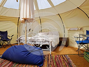 Glamping, the interior of a glamping camping tent in Exmoor photo