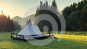 Glamping tent in green meadow surrounded by fir tree forest at sunrise