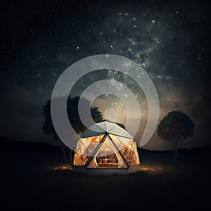 Glamping tent in the middle of the forest under a sky with stars. Camping and glamping concept.