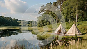 Glamping tents by a serene lake surrounded by forest