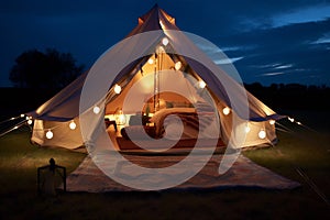 glamping travel vacation tent camping forest luxury nature light canvas. Generative AI.