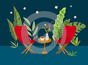 Glamping vector illustration. Beautiful picture with armchair and tropical flora