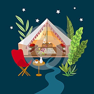 Glamping vector illustration. Beautiful picture with marquee and tropical flora.