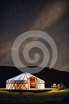 glamping yurt at night under the milky way