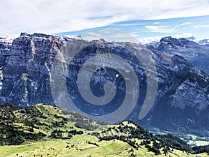 Glarnisch Glaernisch mountain above the alpine lake Klontalersee Kloentalersee or Klontal Kloental valley