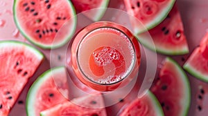 a glas of watermelon juice surrounded by slices of watermelon