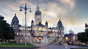 Glasgow City Chambers and George Square at dramatic sunrise, Scotland - UK