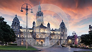 Glasgow City Chambers and George Square at dramatic sunset, Scotland - UK