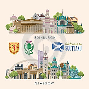 Glasgow and Edinburgh. Scotland travel vector in modern style. Scottish landscapes
