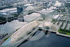 Glasgow, Scotland UK, August 24th 2019, Aerial view of Glasgow science centre, SECC and Hydro Area on the river Clyde