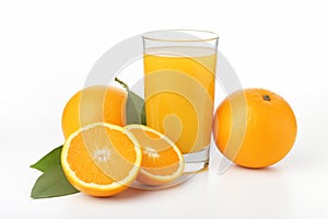 glass of 100% orange juice with orange sacs and slices fruits isolated on white