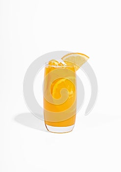 Glass of 100% Orange juice with orange slices fruits isolated on white background. cooling beverage summer drink