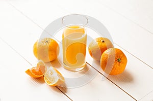 Glass of 100% Orange juice with pulp and sliced fruits isolate on white background.Be cut to remove the orange juice to drink and