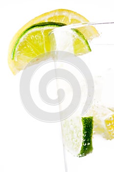 Glass of 7up with lemon and lime