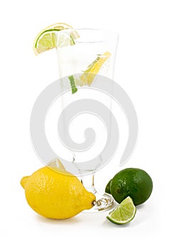 Glass of 7up with lemon and lime