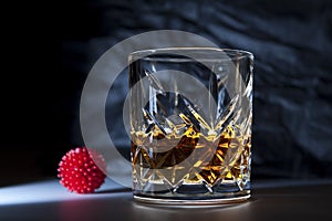 Glass with alcohol. Concept - protection against a pandemic coronavirus COVID-19  with strong alcoholic beverages. Whiskey,