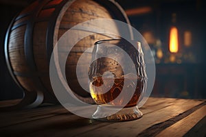 Glass with an alcoholic drink and ice standing on table near an oak barrel in tavern.