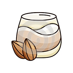 Glass of almond milk with nuts. Color hand drawn emblem for vegan nutty drink, alternative of dairy product. Doodle vector