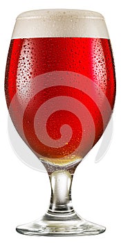 Glass of amber ale or red beer with water drops on cold glass surface isolated on white background. File contains clipping path