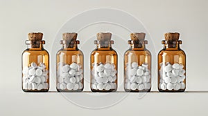 Glass amber bottles with white homeopathic pills on white backdrop. Homeopathy medicine. Concept of alternative medicine