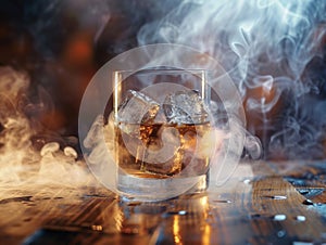 Glass of amber liquid with ice cubes on dark wooden table with blurred warm lights in the background