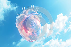 glass anatomical human heart with a light pink light inside against a blue cloudy sky.