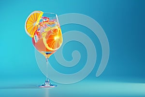 Glass of Aperol spritz cocktail on blue background