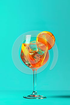 Glass of Aperol spritz cocktail on blue background