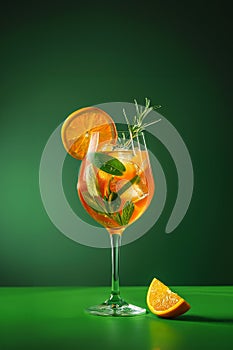 Glass of Aperol spritz cocktail on blue background