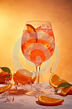 Glass of Aperol spritz cocktail on orange background