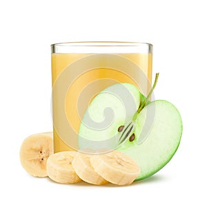 Glass of apple, banana juice  on white