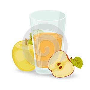 A glass of Apple juice. Apple half. Bulk Apple. Glass Cup. Shadow. A set of elements. Isolated white background