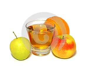 Glass of apple juice and fresh fruit isolated on w